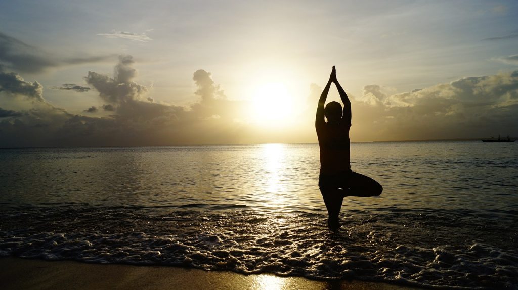 beach, yoga, sunset, silhouette, person, yoga pose, nature, shore, seashore, sea, ocean, meditate, meditation, pose, balance, calm, tranquil